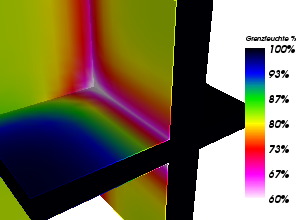 thermal bridge analysis by showing the condensing humidity distribution on the surface of the modelled component
